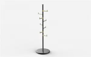 Ives Coat Racks Metal Gold Freestanding, Coat Hanger Stand, Hall Tree Coat Rack for Hanging Hats, Scarves, Bags, Modern Coat Rack with Double Shelves, Corner Coat Rack, 9 Hooks, Gold