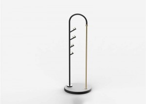 Ives Coat Racks Metal Gold Freestanding, Coat Hanger Stand, Hall Tree Coat Rack for Hanging Hats, Scarves, Bags, Modern Coat Rack with Double Shelves, Corner Coat Rack, 9 Hooks, Gold